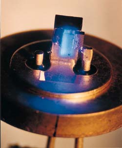 A blue laser diode fabricated on a sapphire substrate and mounted on a gold-coated laser stem