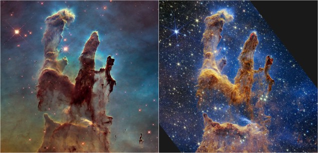 The Pillars of Creation as seen by the James Webb Space Telescope and the Hubble Space Telescope The Pillars of Creation as seen by the James Webb Space Telescope and the Hubble Space Telescope