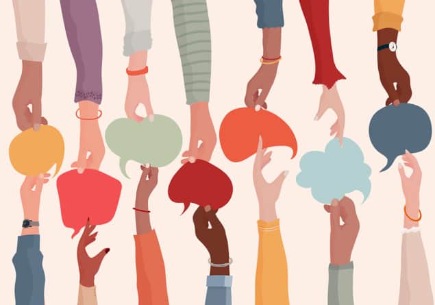 Illustration of many hands reaching for speech bubbles Illustration of many hands reaching for speech bubbles