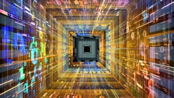 A CPU chip, colourful numbers and fractal elements in perspective