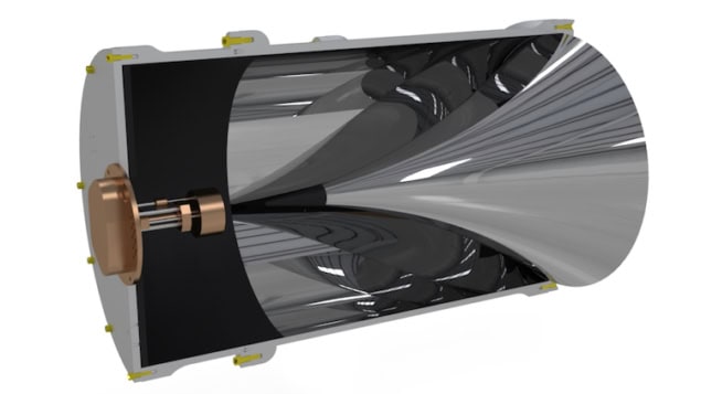 ADMX MRI Mag with cavity and BREAD Image showing a “Hershey’s kiss”-shaped structure that funnels potential dark matter signals to a copper-coloured detector located beyond the point on the