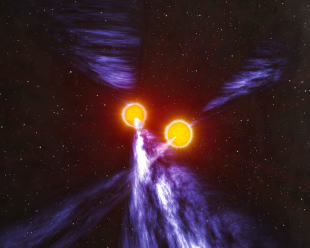Binary pulsar Artist's impression of a binary pulsar, showing two glowing objects orbiting each other and sending out beams of radiation