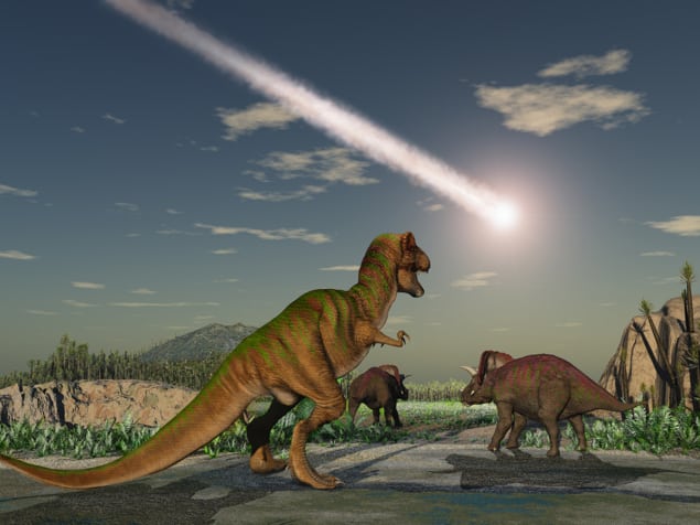 Dinosaurs underneath asteroid in the sky about to impact Earth and cause extinction Dinosaurs underneath asteroid in the sky about to impact Earth and cause extinction