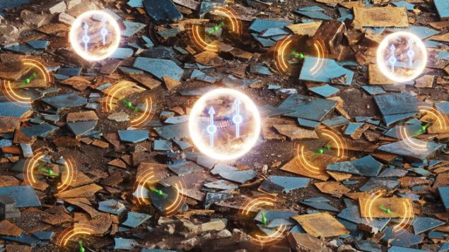 quantum coherence Image showing pairs of terbium ions represented as dots with spin arrows encased by glowing protective spheres, against a messy background of broken bits of metal