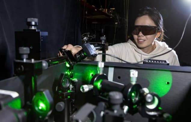 Genghua Yan IEK-5 Photo of Genghua Yan wearing protective laser goggles as she manipulates equipment in the laboratory
