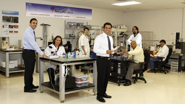 Photo of Mehdi Yazdanpanah and colleagues at his PhD spin-off firm NaugaNeedles