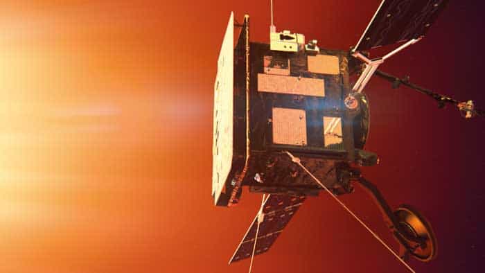 An artistic impression of the Solar Orbiter spacecraft, showing the craft and its various instruments bathed in intense sunlight